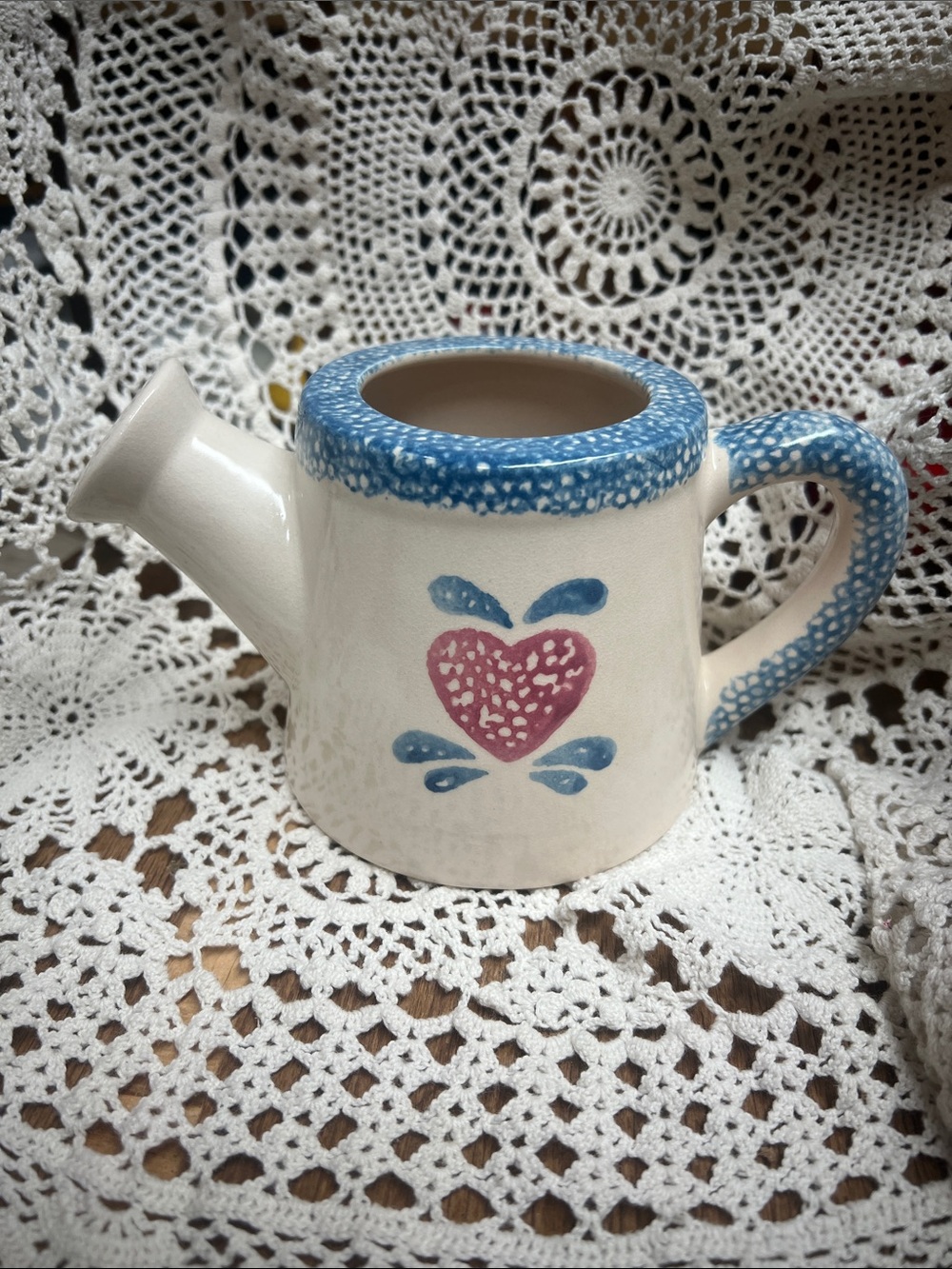 VINTAGE LOOM CO Hand-Painted Ceramic Watering Can with Blue Trim and Pink Heart